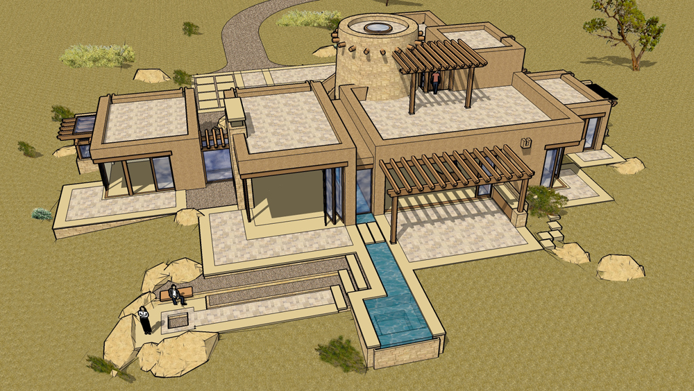 Birds eye view from south of the Adobe Modern design in Taos New Mexico showing the outside decks roof decks fire pit and spa  