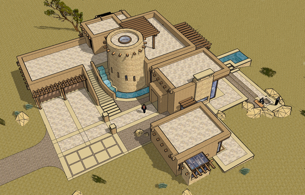 Birds eye view from west of the Adobe Modern design in Taos New Mexico 