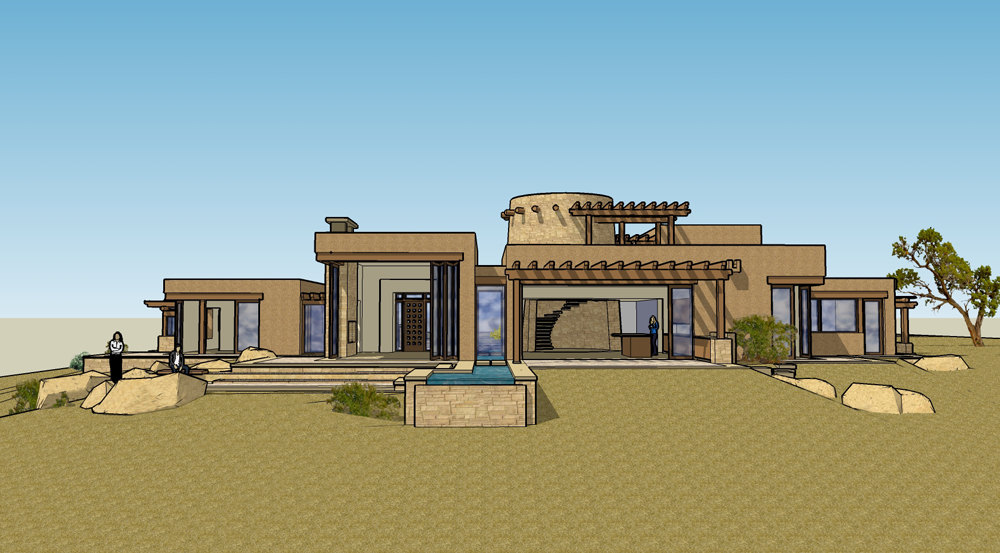 Adobe Modern back view Taos New Mexico showing the glass walls open 